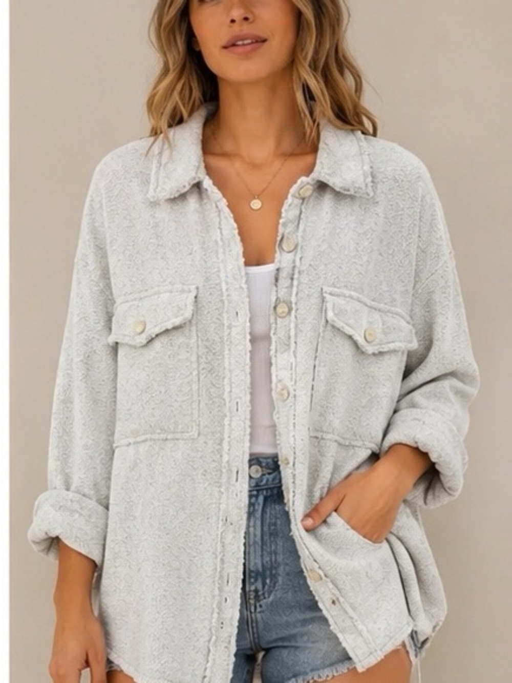 Bucketlist Oversized Cotton Shacket Jacket Large Made in USA Raw Edge Boho